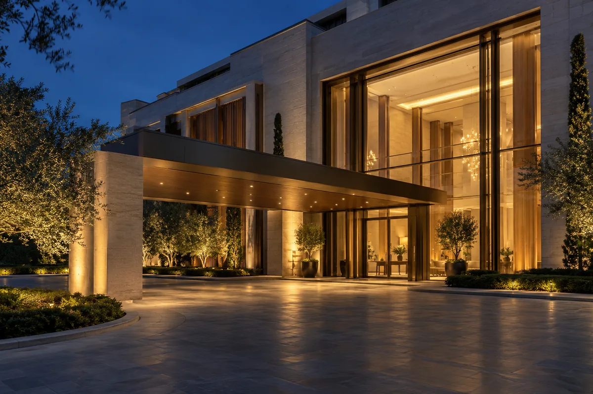 Illustrative hotel arrival courtyard at dusk for the proposed Cloudbeds integration workflow