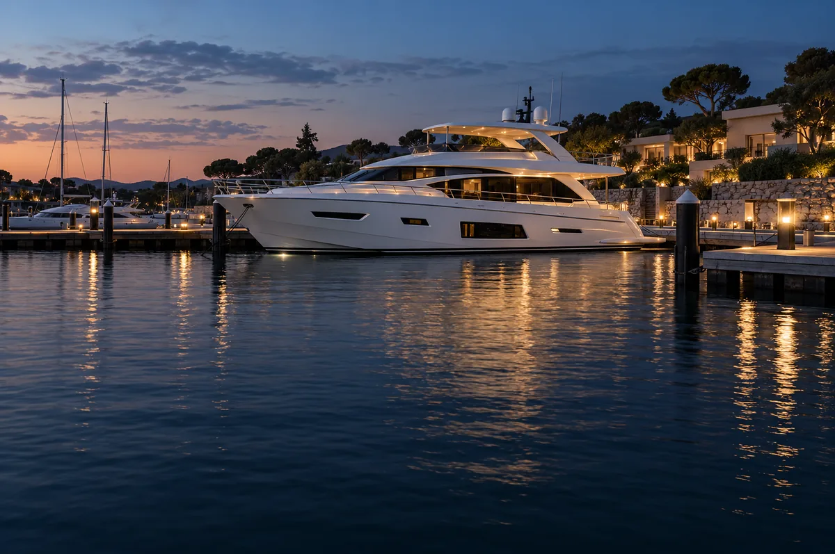 Illustrative yacht marina at dusk for the proposed MMK Booking Manager integration workflow
