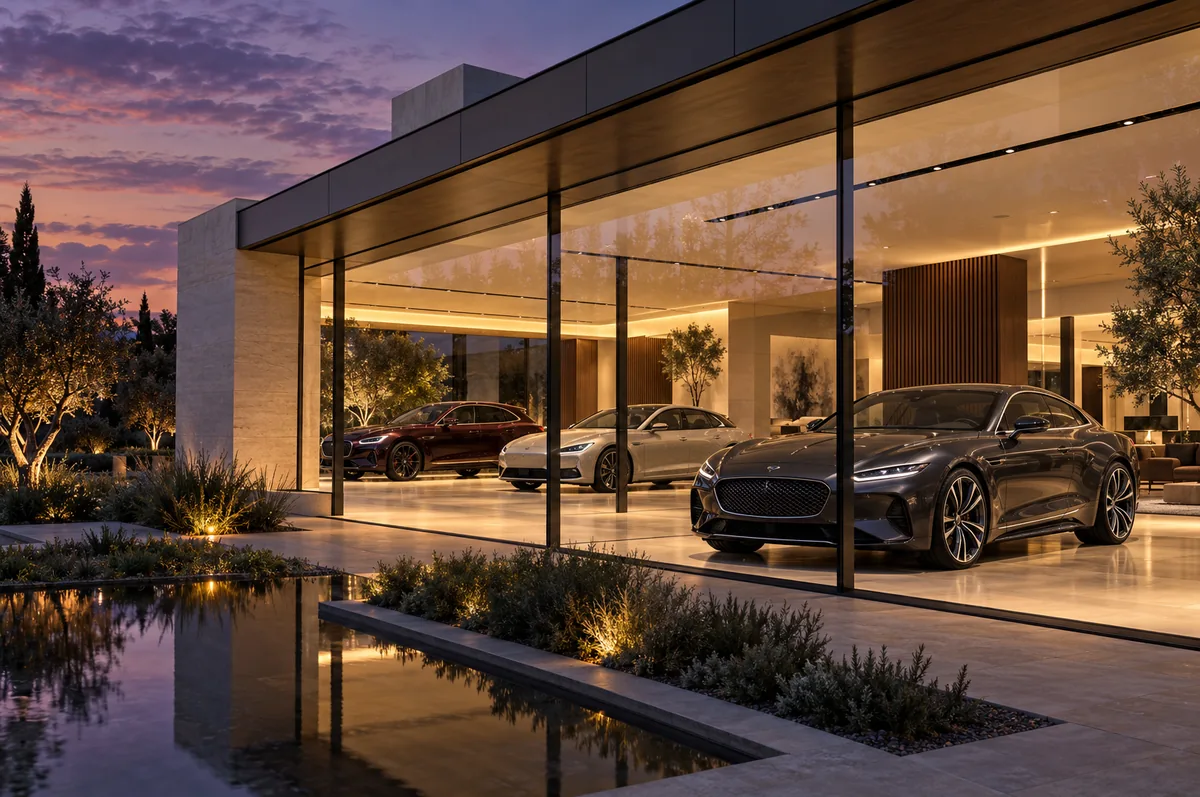 Illustrative automotive retail showroom at dusk for the proposed Space Auto Websites integration workflow