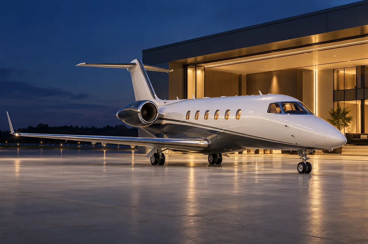 Illustrative business jet outside a private aviation hangar for the proposed TotalFBO integration workflow
